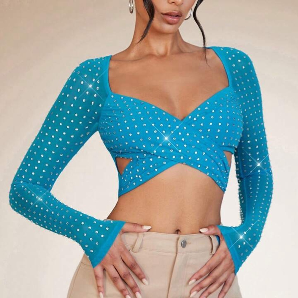 SHEIN BAE Rhinestone Detail Crisscross Front Crop Top